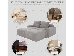 Sofá modular de 2 lugares - 200 x 174 x 80 cm - com 2 pufes + porta-copos + compartimento de arrumação - veludo - cinza claro