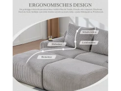 Sofá modular de 2 lugares - 200 x 174 x 80 cm - com 2 pufes + porta-copos + compartimento de arrumação - veludo - cinza claro