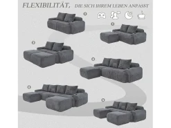 Sofá modular de 4 lugares - 333 x 174 x 80 cm - com 2 pufes + porta-copos + compartimento de arrumação - veludo - cinza escuro