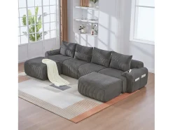 Sofá modular de 4 lugares - 333 x 174 x 80 cm - com 2 pufes + porta-copos + compartimento de arrumação - veludo - cinza escuro