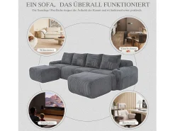 Sofá modular de 4 lugares - 333 x 174 x 80 cm - com 2 pufes + porta-copos + compartimento de arrumação - veludo - cinza escuro