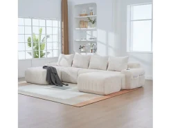 Sofá modular de 4 lugares - 333 x 174 x 80 cm - com 2 pufes + porta-copos + compartimento de arrumação - veludo - bege