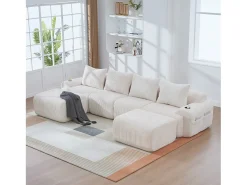 Sofá modular de 4 lugares - 333 x 174 x 80 cm - com 2 pufes + porta-copos + compartimento de arrumação - veludo - bege