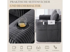 Sofá modular de 4 lugares - 253 x 158 x 61 cm - com bolso lateral + porta-copos + 3 almofadas - veludo - cinza escuro