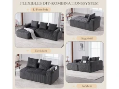 Sofá modular de 4 lugares - 253 x 158 x 61 cm - com bolso lateral + porta-copos + 3 almofadas - veludo - cinza escuro