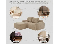 Sofá modular de 2 lugares - 200 x 174 x 80 cm - com 1 pufe + porta-copos + bolso de arrumação - veludo - cáqui