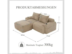 Sofá modular de 2 lugares - 200 x 174 x 80 cm - com 1 pufe + porta-copos + bolso de arrumação - veludo - cáqui