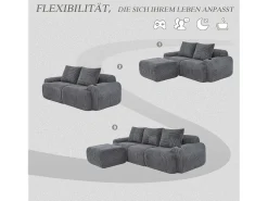 Sofá modular de 3 lugares - 268 x 174 x 80 cm - com 1 pufe + porta-copos + bolso de arrumação - veludo - cinza escuro