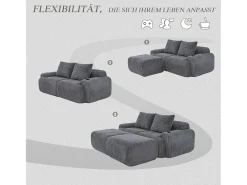Sofá modular de 2 lugares - 200 x 174 x 80 cm - com 2 pufes + porta-copos + compartimento de arrumação - veludo - cinza escuro
