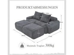 Sofá modular de 2 lugares - 200 x 174 x 80 cm - com 2 pufes + porta-copos + compartimento de arrumação - veludo - cinza escuro
