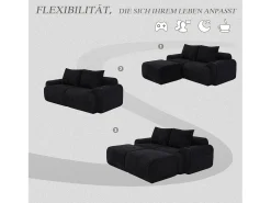 Sofá modular de 2 lugares - 200 x 174 x 80 cm - com 2 pufes + porta-copos + compartimento de arrumação - veludo - preto