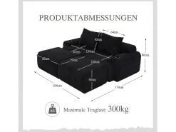 Sofá modular de 2 lugares - 200 x 174 x 80 cm - com 2 pufes + porta-copos + compartimento de arrumação - veludo - preto