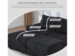 Sofá modular de 2 lugares - 200 x 174 x 80 cm - com 2 pufes + porta-copos + compartimento de arrumação - veludo - preto