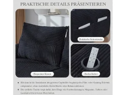 Sofá modular de 2 lugares - 200 x 174 x 80 cm - com 2 pufes + porta-copos + compartimento de arrumação - veludo - preto