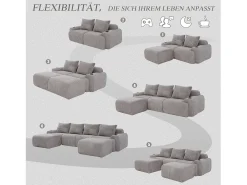 Sofá modular de 4 lugares - 333 x 174 x 80 cm - com 2 pufes + porta-copos + compartimento de arrumação - veludo - cinza claro