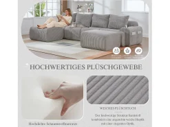 Sofá modular de 4 lugares - 333 x 174 x 80 cm - com 2 pufes + porta-copos + compartimento de arrumação - veludo - cinza claro