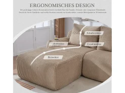 Sofá modular de 3 lugares - 268 x 174 x 80 cm - com 2 pufes + porta-copos + bolso de arrumação - veludo - cáqui