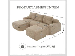 Sofá modular de 3 lugares - 268 x 174 x 80 cm - com 2 pufes + porta-copos + bolso de arrumação - veludo - cáqui