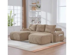 Sofá modular de 3 lugares - 268 x 174 x 80 cm - com 2 pufes + porta-copos + bolso de arrumação - veludo - cáqui