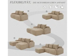 Sofá modular de 3 lugares - 268 x 174 x 80 cm - com 2 pufes + porta-copos + bolso de arrumação - veludo - cáqui