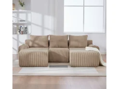 Sofá modular de 3 lugares - 268 x 174 x 80 cm - com 2 pufes + porta-copos + bolso de arrumação - veludo - cáqui