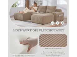 Sofá modular de 3 lugares - 268 x 174 x 80 cm - com 2 pufes + porta-copos + bolso de arrumação - veludo - cáqui