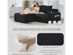 Sofá modular de 2 lugares - 200 x 174 x 80 cm - com 1 pufe + porta-copos + bolso de arrumação - veludo - preto