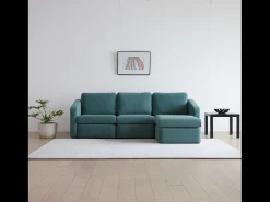 Sofá Modular de 3 Lugares Azul com Pufe - Design Equilibrado, Tecido FlexiPet, Estrutura em Madeira Maciça
