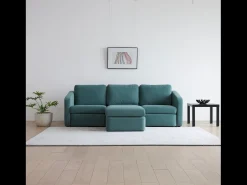 Sofá Modular de 3 Lugares Azul com Pufe - Design Equilibrado, Tecido FlexiPet, Estrutura em Madeira Maciça