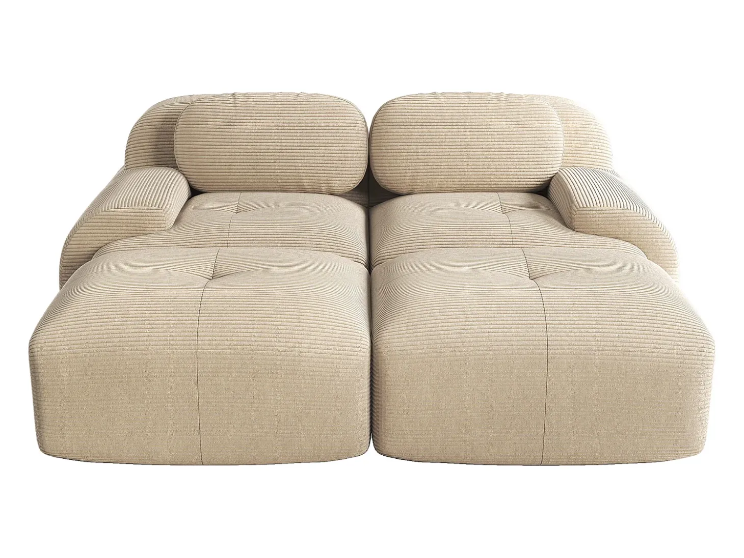 Sofá modular de 2 lugares com chaise longue em veludo cotelê bege.