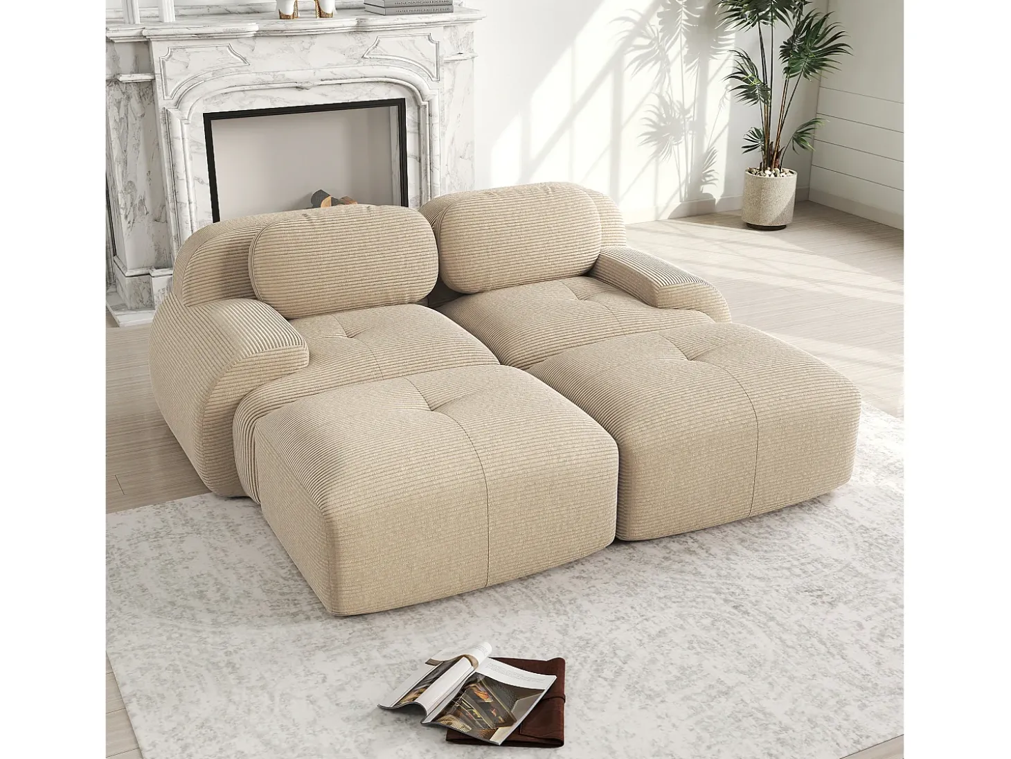 Sofá modular de 2 lugares com chaise longue em veludo cotelê bege.