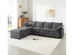 Sofá modular de 6 lugares com arrumação + apoio para os pés removível + portas USB - 280 x 152 x 83 cm - Veludo - cinzento