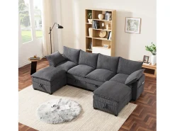 Sofá modular de 6 lugares com arrumação + apoio para os pés removível + portas USB - 280 x 152 x 83 cm - Veludo - cinzento