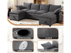 Sofá modular de 6 lugares com arrumação + apoio para os pés removível + portas USB - 280 x 152 x 83 cm - Veludo - cinzento