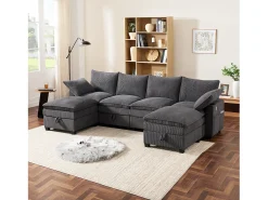 Sofá modular de 6 lugares com arrumação + apoio para os pés removível + portas USB - 280 x 152 x 83 cm - Veludo - cinzento