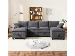 Sofá modular de 6 lugares com arrumação + apoio para os pés removível + portas USB - 280 x 152 x 83 cm - Veludo - cinzento