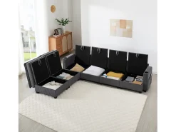 Sofá modular de 6 lugares com arrumação + apoio para os pés removível + portas USB - 280 x 152 x 83 cm - Veludo - cinzento