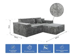 Sofá modular reto com pufe em tecido texturado "Lusso" - 3 lugares - Cinza