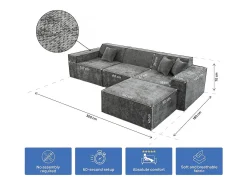 Sofá modular reto com pufe em tecido texturado "Lusso" - 4 lugares - Cinza