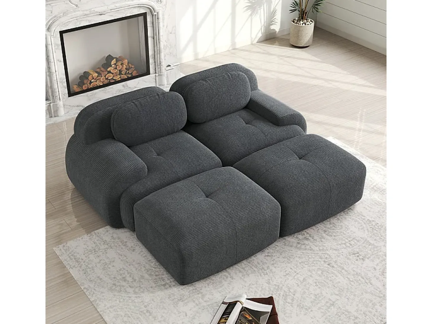 Sofá modular veludo côtelê - 2 lugares - com 2 almofadas e 2 puff - base antiderrapante - 208x178x70cm - Cinza
