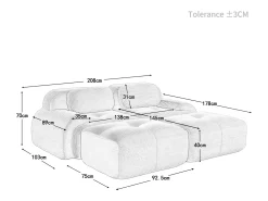 Sofá modular veludo côtelê - 2 lugares - com 2 almofadas e 2 puff - base antiderrapante - 208x178x70cm - Cinza