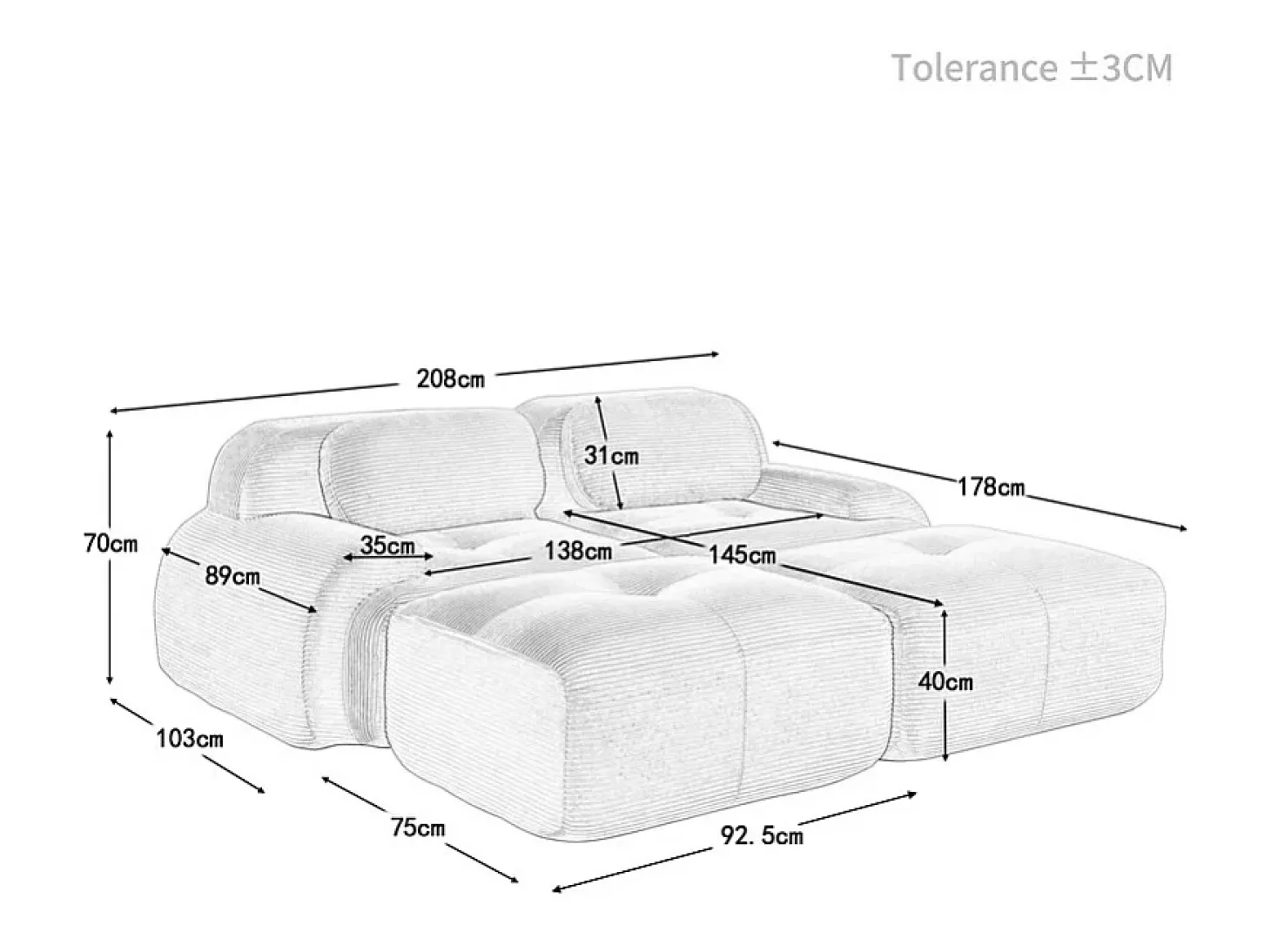 Sofá modular veludo côtelê - 2 lugares - com 2 almofadas e 2 puff - base antiderrapante - 208x178x70cm - Verde