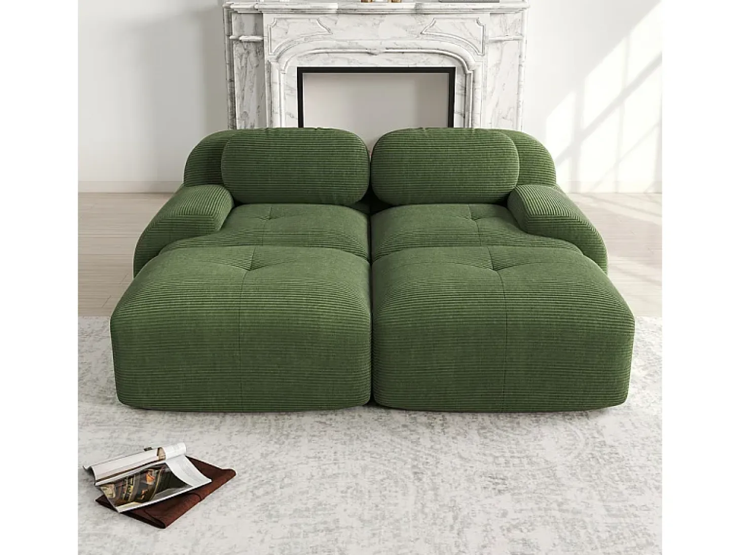 Sofá modular veludo côtelê - 2 lugares - com 2 almofadas e 2 puff - base antiderrapante - 208x178x70cm - Verde