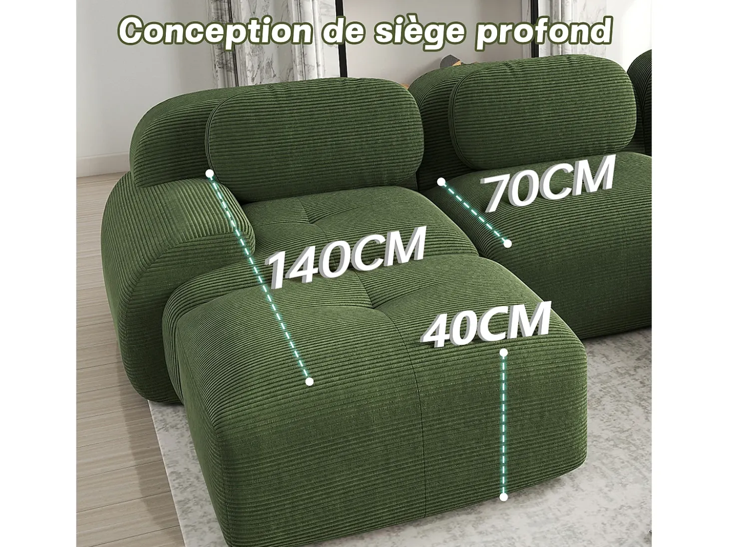 Sofá modular veludo côtelê - 2 lugares - com 2 almofadas e 2 puff - base antiderrapante - 208x178x70cm - Verde
