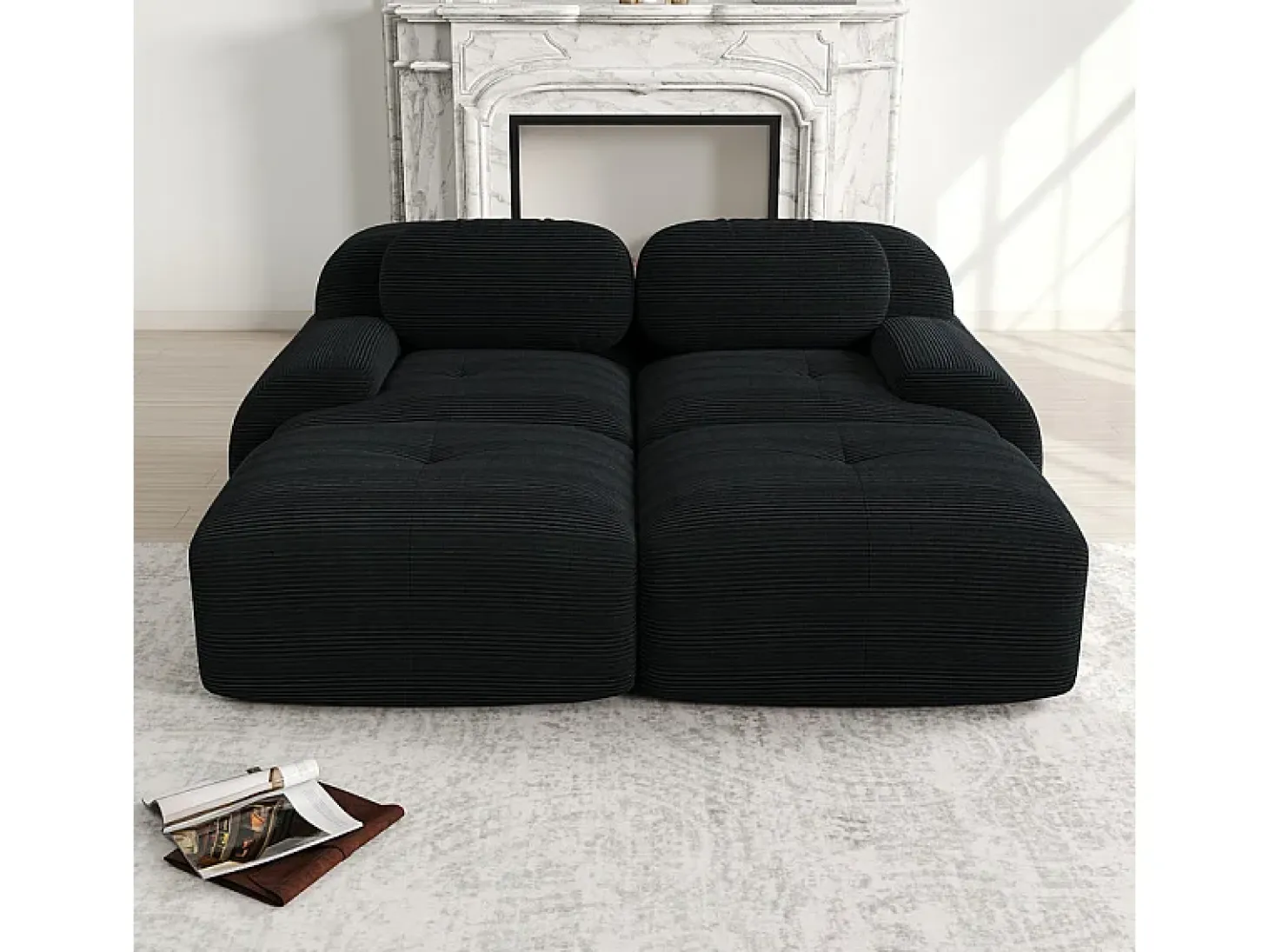 Sofá modular veludo côtelê - 2 lugares - com 2 almofadas e 2 puff - base antiderrapante - 208x178x70cm - Preto