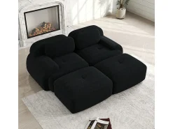 Sofá modular veludo côtelê - 2 lugares - com 2 almofadas e 2 puff - base antiderrapante - 208x178x70cm - Preto