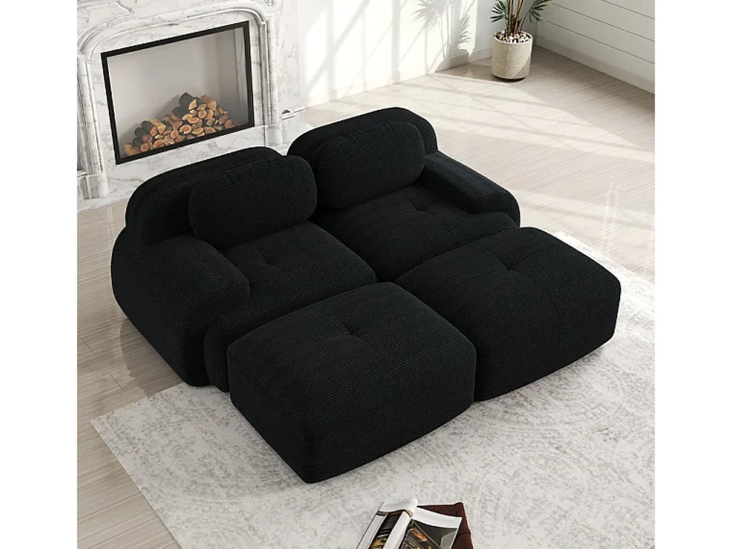 Sofá modular veludo côtelê - 2 lugares - com 2 almofadas e 2 puff - base antiderrapante - 208x178x70cm - Preto