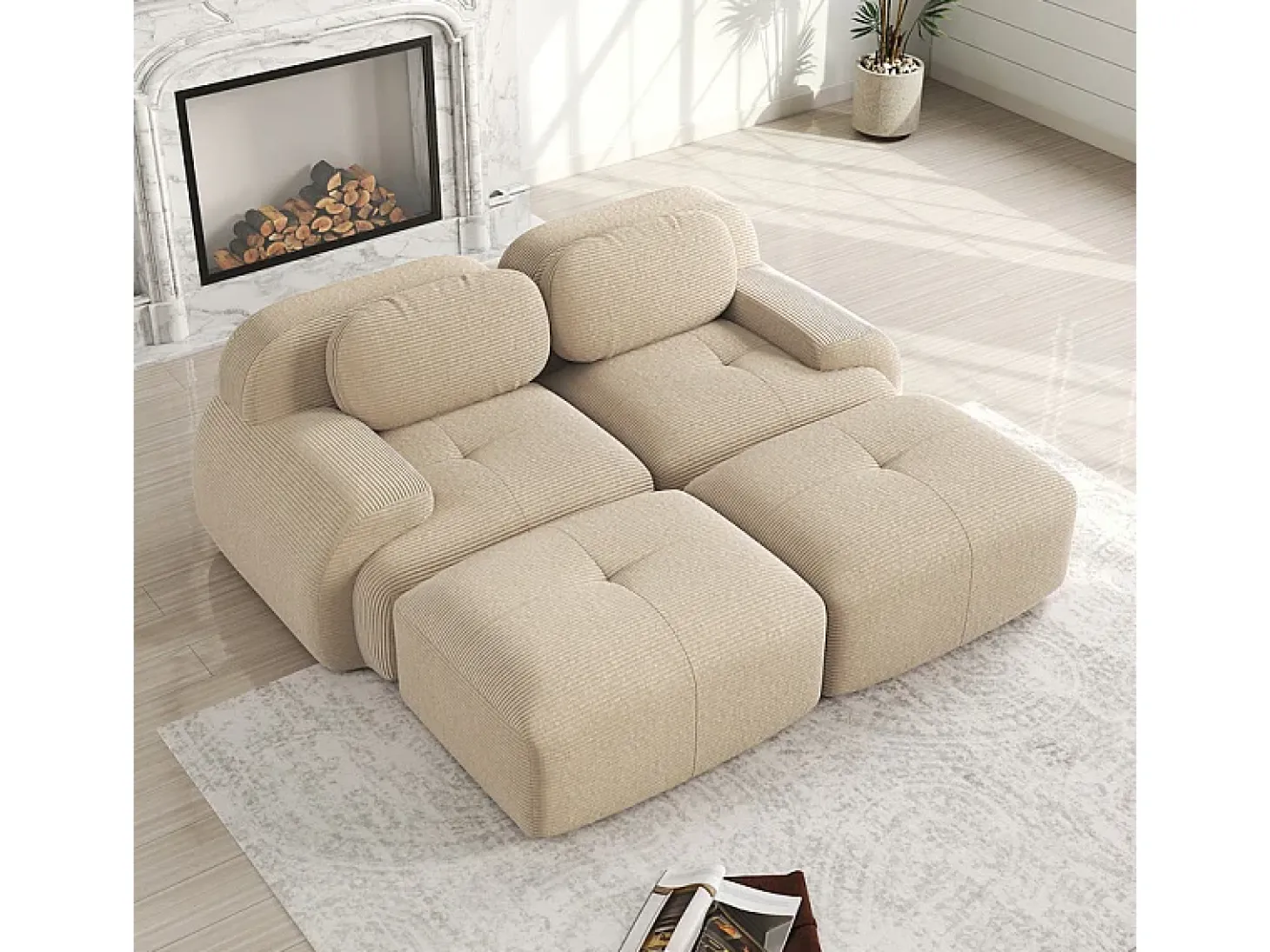 Sofá modular veludo côtelê - 2 lugares - com 2 almofadas e 2 puff - base antiderrapante - 208x178x70cm - Bege