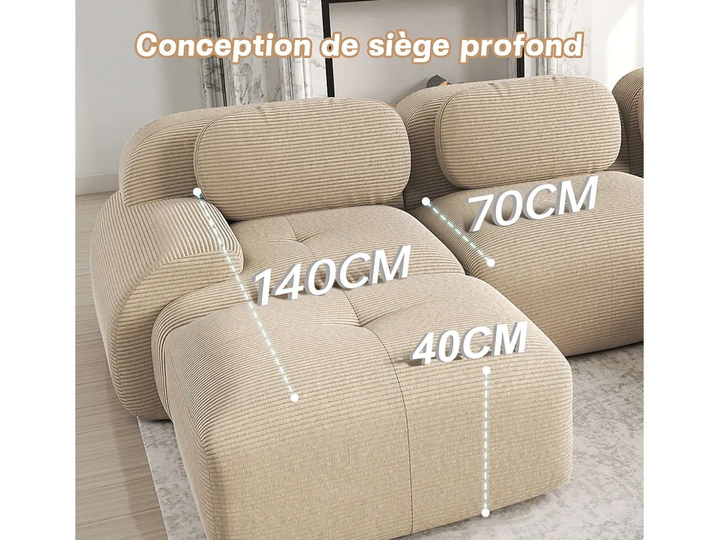 Sofá modular veludo côtelê - 2 lugares - com 2 almofadas e 2 puff - base antiderrapante - 208x178x70cm - Bege
