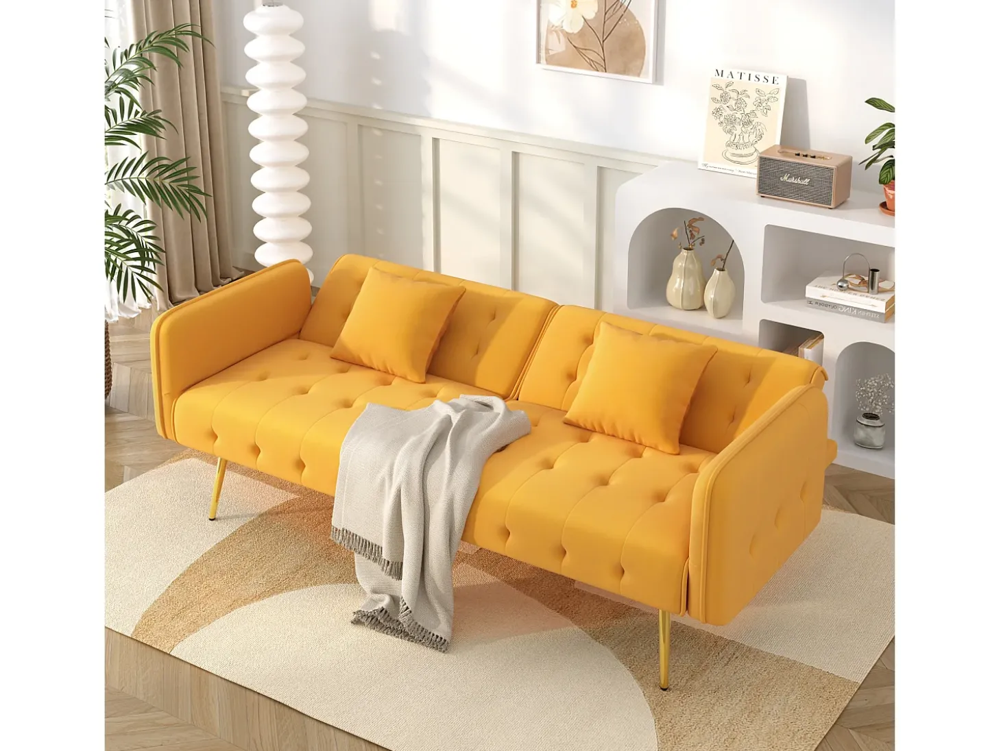 Sofá multifuncional 2 lugares - encosto ajustável - braços ajustáveis - Veludo - Amarelo